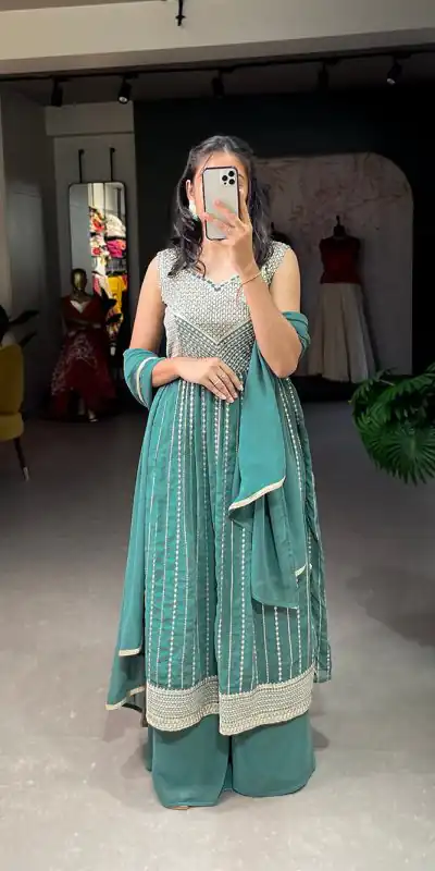 YNF 3503 Green Color Top : Georgette Work : Embroidery Sequence Work Inner : Micro Cotton .Traditional Wear, Events. @1849/- | Bollywood Gowns, Creative Gowns, Designer Gowns, Embroidered Gowns, Gowns, Party Wear Gowns