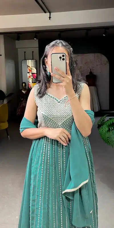 YNF 3503 Green Color Top : Georgette Work : Embroidery Sequence Work Inner : Micro Cotton .Traditional Wear, Events. @1849/- | Bollywood Gowns, Creative Gowns, Designer Gowns, Embroidered Gowns, Gowns, Party Wear Gowns