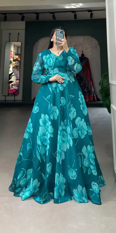 YNF 5011 Pine Green Color Chiffon Floral Printed Party Wear Gown Casual, Wedding, Party, Festive, Events Etc. Expected Delivery 4-6 Working Days @1499/- | Bollywood Gowns, Creative Gowns, Designer Gowns, Embroidered Gowns, Gowns, Party Wear Gowns