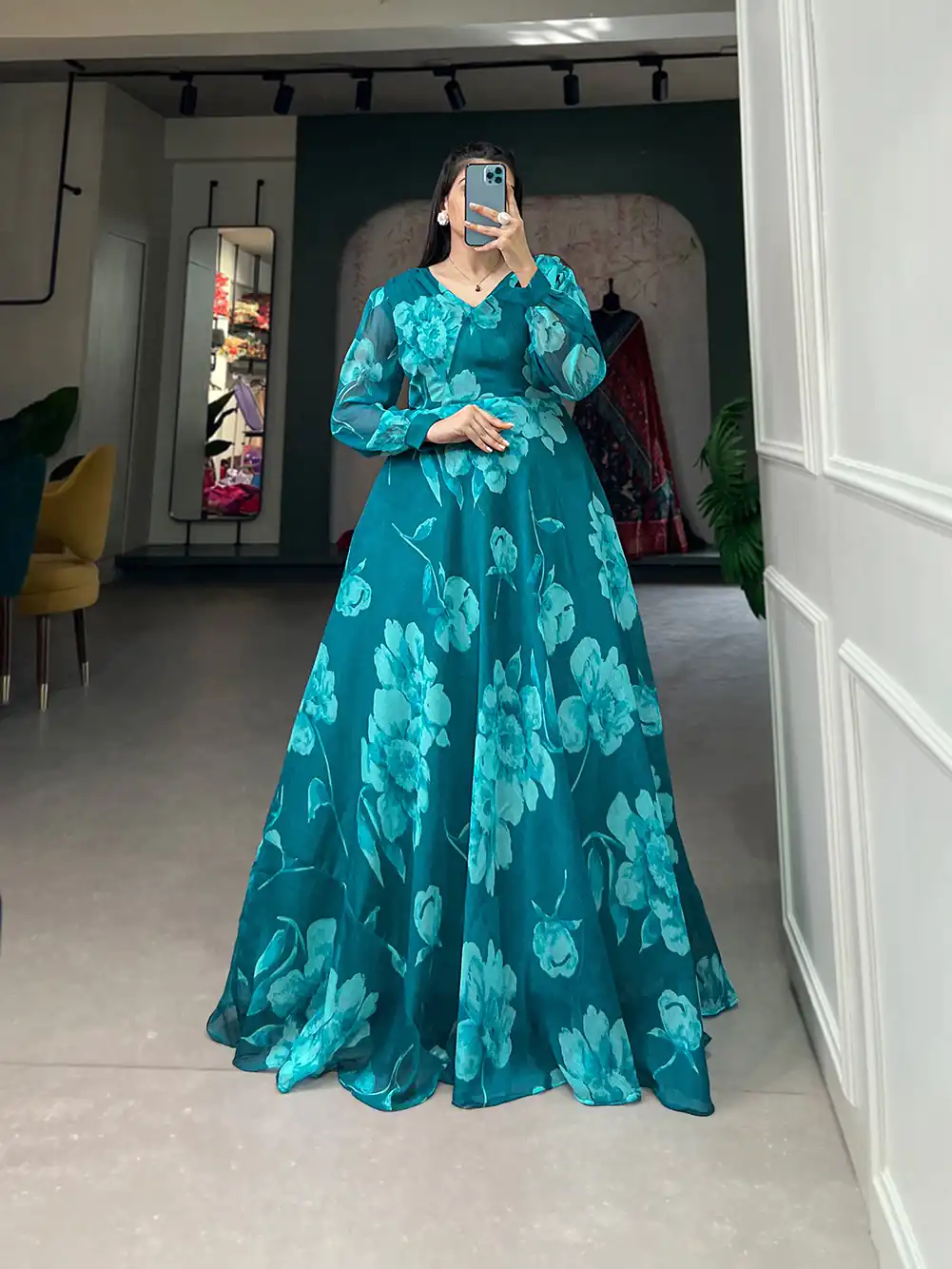YNF 5011 Pine Green Color Chiffon Floral Printed Party Wear Gown Casual, Wedding, Party, Festive, Events Etc. Expected Delivery 4-6 Working Days @1499/- | Bollywood Gowns, Creative Gowns, Designer Gowns, Embroidered Gowns, Gowns, Party Wear Gowns