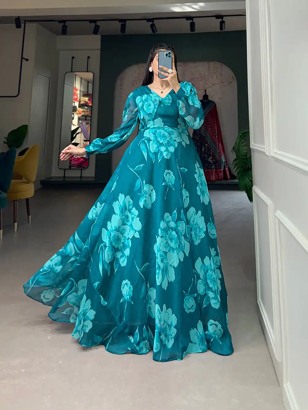 YNF 5011 Pine Green Color Chiffon Floral Printed Party Wear Gown Casual, Wedding, Party, Festive, Events Etc. Expected Delivery 4-6 Working Days @1499/- | Bollywood Gowns, Creative Gowns, Designer Gowns, Embroidered Gowns, Gowns, Party Wear Gowns