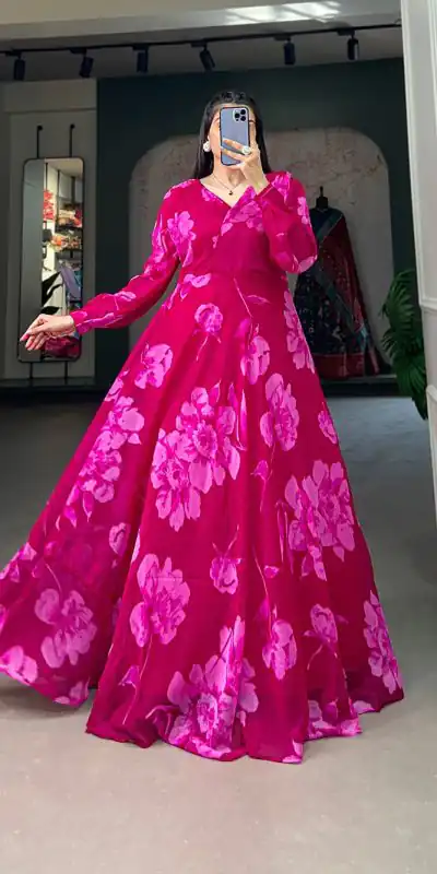 YNF 5011 Pink Color Chiffon Floral Printed Party Wear Gown Casual, Wedding, Party, Festive, Events Etc. Expected Delivery 4-6 Working Days @1499/- | Bollywood Gowns, Creative Gowns, Designer Gowns, Embroidered Gowns, Gowns, Party Wear Gowns