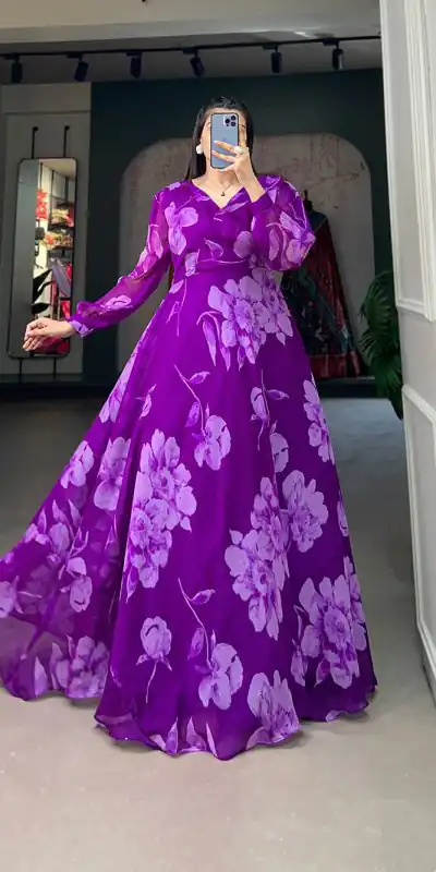YNF 5011 Purple Color Chiffon Floral Printed Party Wear Gown Casual, Wedding, Party, Festive, Events Etc. Expected Delivery 4-6 Working Days @1499/- | Bollywood Gowns, Creative Gowns, Designer Gowns, Embroidered Gowns, Gowns, Party Wear Gowns