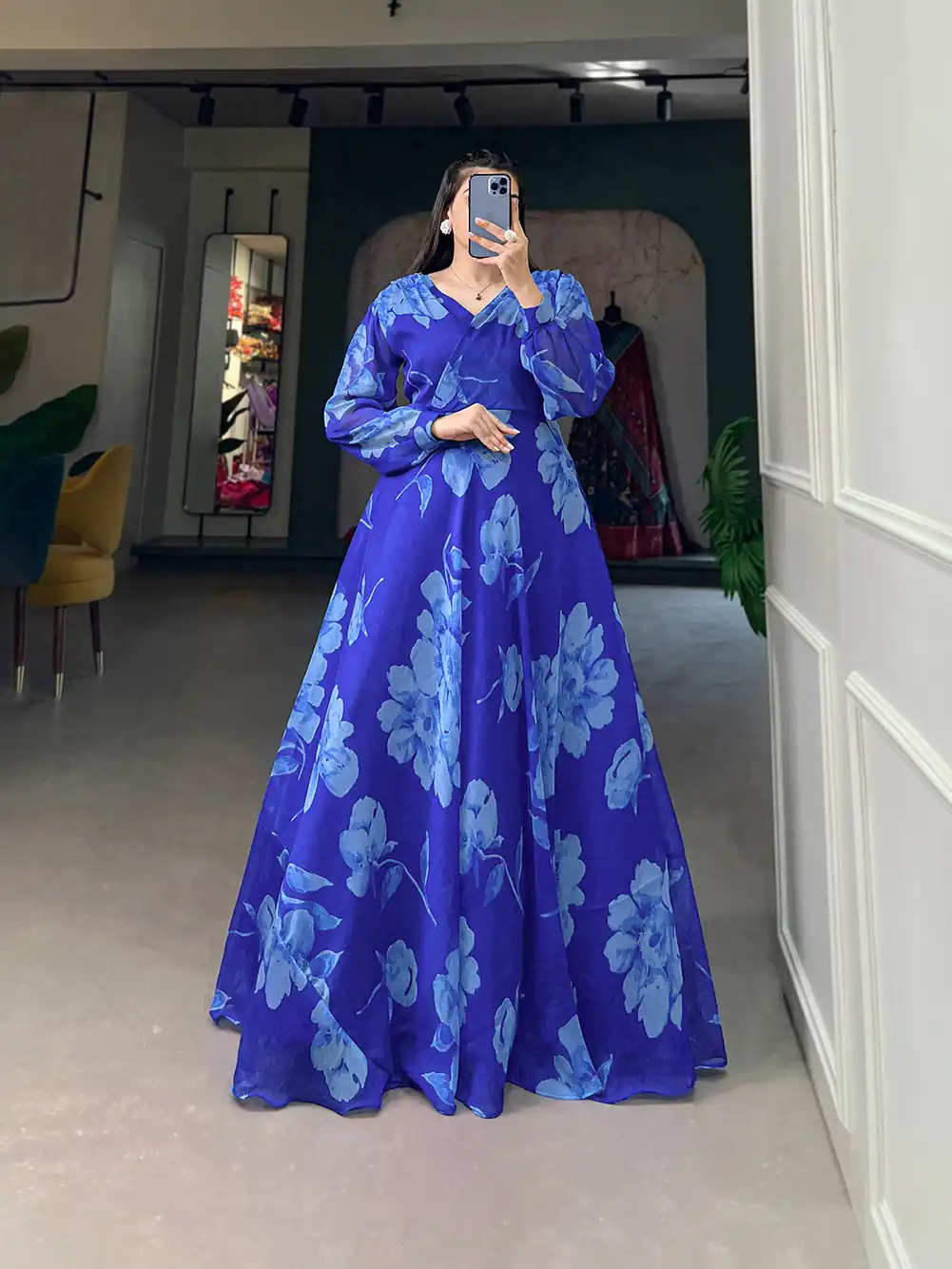 YNF 5011 Royal Blue Color Chiffon Floral Printed Party Wear Gown Casual, Wedding, Party, Festive, Events Etc. Expected Delivery 4-6 Working Days @1499/- | Bollywood Gowns, Creative Gowns, Designer Gowns, Embroidered Gowns, Gowns, Party Wear Gowns
