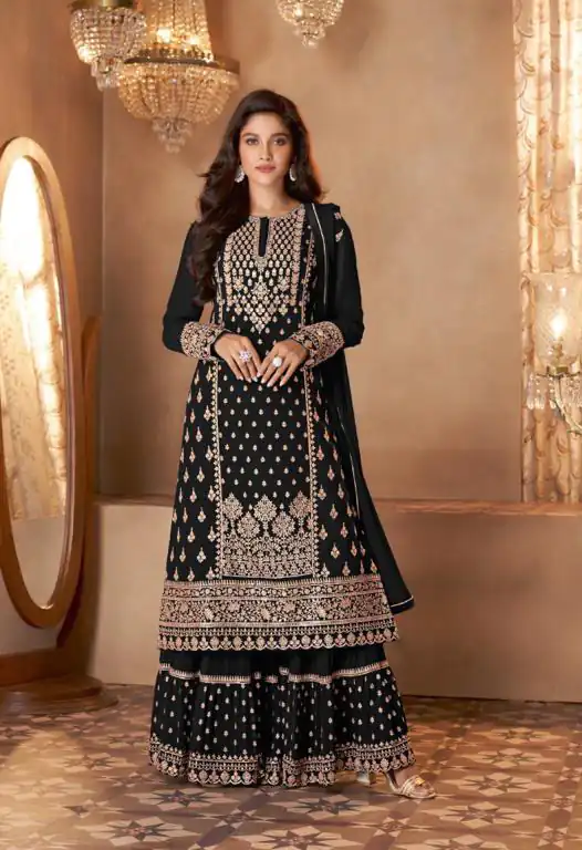 FC 128 Black Color Heavy Georgette Sequins Work Sharara Suit Blooming Georgette With Heavy Sequins Wedding, Party, Festive @2199/- | Jump Suits, Casual Suits, Creative suits, Designer Suits, Palazzo Suits, Party Wear Suits, Patiala Suits, Salwar suit, Straight Suits