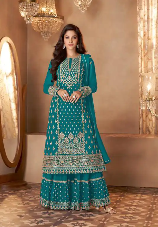 FC 128 Peacock Blue Color Georgette Sequins Work Sharara Suit Wedding, Party, Festive, Events Etc. Expected Delivery  4-6 Working Days @2199/- | Jump Suits, Casual Suits, Creative suits, Designer Suits, Palazzo Suits, Party Wear Suits, Patiala Suits, Salwar suit, Straight Suits