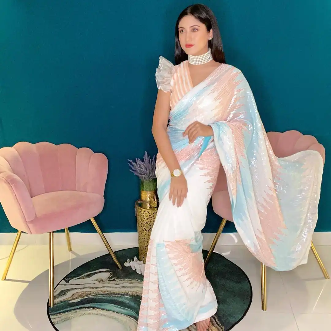 JR 556 White Color Soft georgette shaded sequence work Saree Casual, Party Wear, Wedding, Events Etc. Expected Delivery 4-6 Working Days 1699/- | Bollywood Sarees, Creative Sarees, Designer Sarees, Embroidered Sarees, Ethnic Saree, Modern Digital sarees, Party Wear Sarees, Sarees