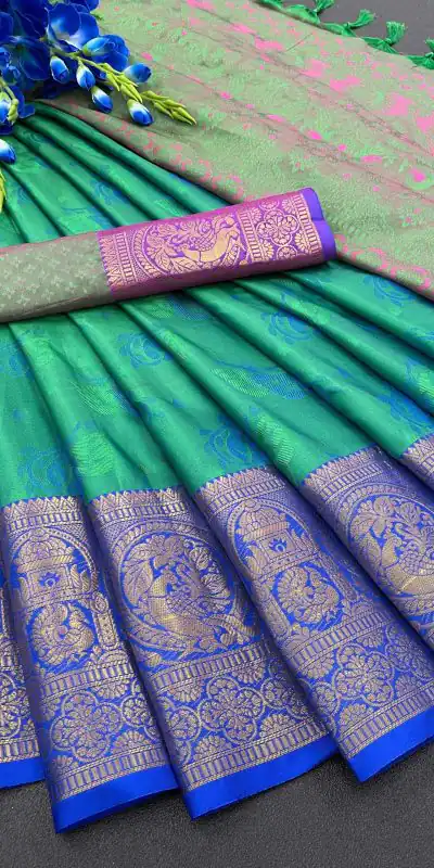 MB™️  3195 Peacock Green Color Soft Kanjivaram Jacquard Weaving Saree Casual, Party Wear, Wedding, Events Etc. Expected Delivery 4-6 Working Days @1699/- | Bollywood Sarees, Creative Sarees, Designer Sarees, Embroidered Sarees, Ethnic Saree, Modern Digital sarees, Party Wear Sarees, Sarees