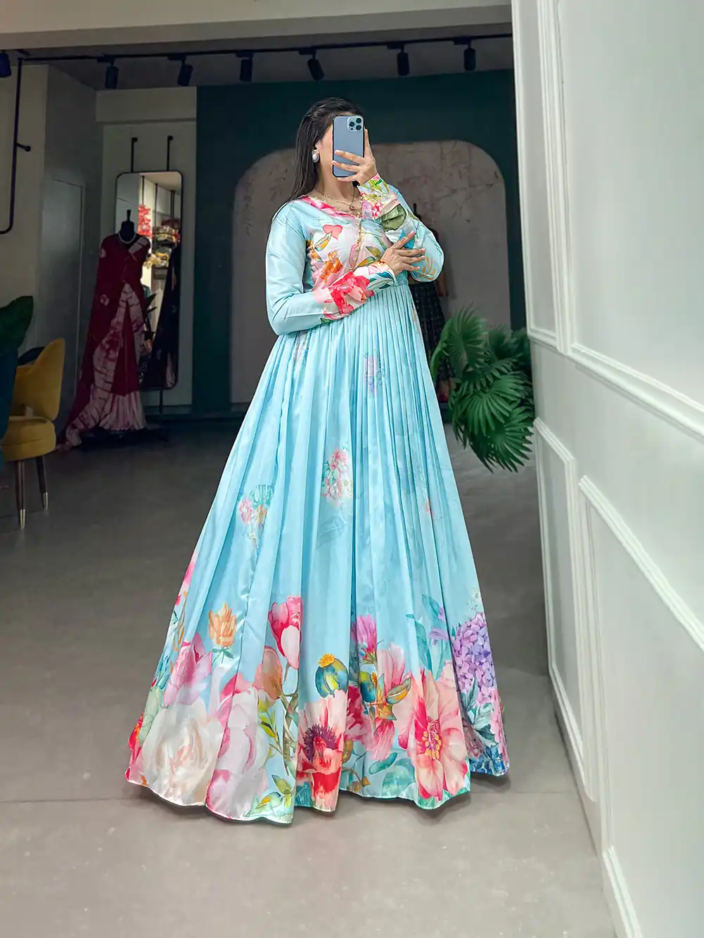 YNF 5018 Blue Color tussah silk Floral Printed gown Casual, Wedding, Party, Festive, Events Etc. Expected Delivery 4-6 Working Days @1899/- | Bollywood Gowns, Creative Gowns, Designer Gowns, Embroidered Gowns, Gowns, Party Wear Gowns