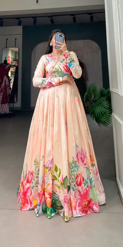 YNF 5018 Light Orange Color tussah silk Floral Printed Gown Casual, Wedding, Party, Festive, Events Etc. Expected Delivery 4-6 Working Days @1899/- | Bollywood Gowns, Creative Gowns, Designer Gowns, Embroidered Gowns, Gowns, Party Wear Gowns