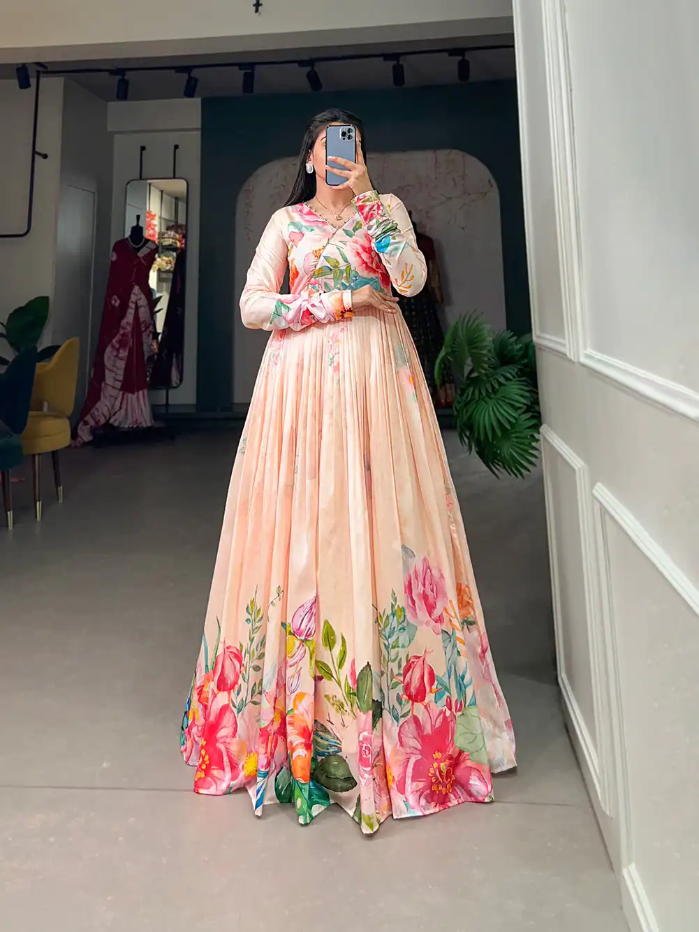 YNF 5018 Light Orange Color tussah silk Floral Printed Gown Casual, Wedding, Party, Festive, Events Etc. Expected Delivery 4-6 Working Days @1899/- | Bollywood Gowns, Creative Gowns, Designer Gowns, Embroidered Gowns, Gowns, Party Wear Gowns
