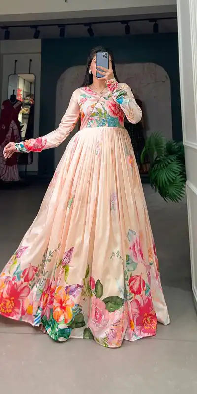 YNF 5018 Light Orange Color tussah silk Floral Printed Gown Casual, Wedding, Party, Festive, Events Etc. Expected Delivery 4-6 Working Days @1899/- | Bollywood Gowns, Creative Gowns, Designer Gowns, Embroidered Gowns, Gowns, Party Wear Gowns