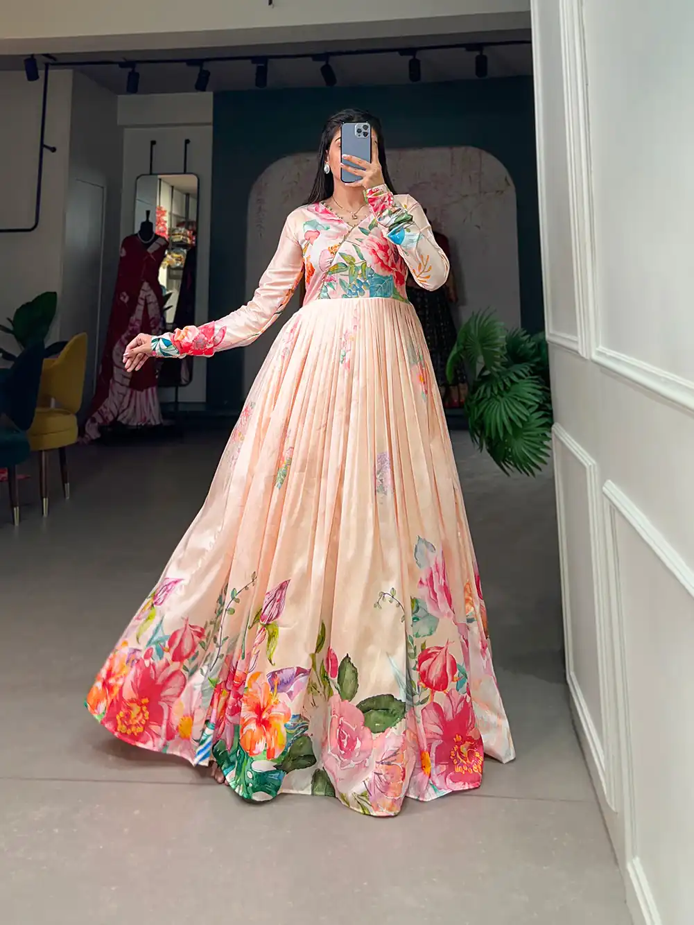 YNF 5018 Light Orange Color tussah silk Floral Printed Gown Casual, Wedding, Party, Festive, Events Etc. Expected Delivery 4-6 Working Days @1899/- | Bollywood Gowns, Creative Gowns, Designer Gowns, Embroidered Gowns, Gowns, Party Wear Gowns