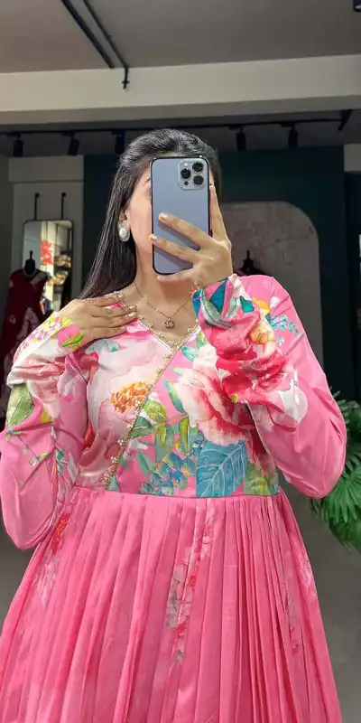 YNF 5018 Pink Color tussah silk Floral Printed gown Casual, Wedding, Party, Festive, Events Etc. Expected Delivery 4-6 Working Days @1899/- | Bollywood Gowns, Creative Gowns, Designer Gowns, Embroidered Gowns, Gowns, Party Wear Gowns