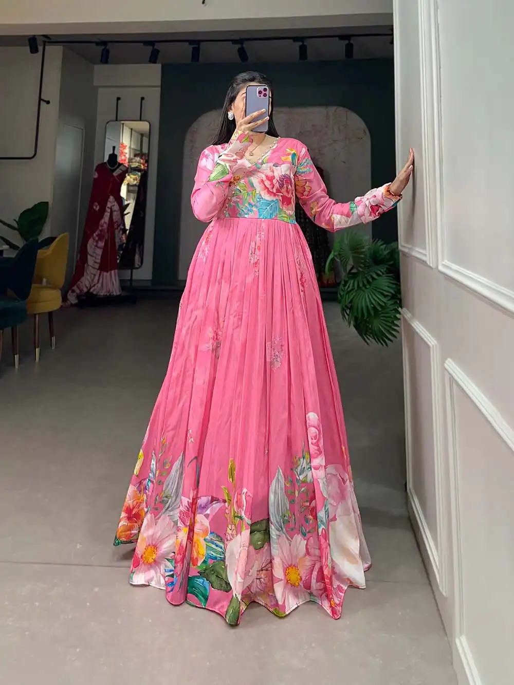 YNF 5018 Pink Color tussah silk Floral Printed gown Casual, Wedding, Party, Festive, Events Etc. Expected Delivery 4-6 Working Days @1899/- | Bollywood Gowns, Creative Gowns, Designer Gowns, Embroidered Gowns, Gowns, Party Wear Gowns
