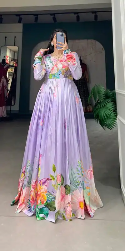 YNF 5018 Purple Color tussah silk Floral Printed Gown Casual, Wedding, Party, Festive, Events Etc. Expected Delivery 4-6 Working Days @1899/- | Bollywood Gowns, Creative Gowns, Designer Gowns, Embroidered Gowns, Gowns, Party Wear Gowns