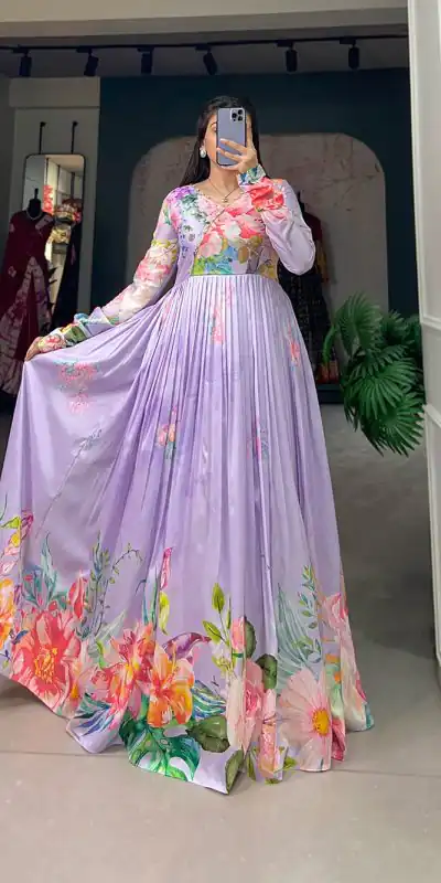 YNF 5018 Purple Color tussah silk Floral Printed Gown Casual, Wedding, Party, Festive, Events Etc. Expected Delivery 4-6 Working Days @1899/- | Bollywood Gowns, Creative Gowns, Designer Gowns, Embroidered Gowns, Gowns, Party Wear Gowns