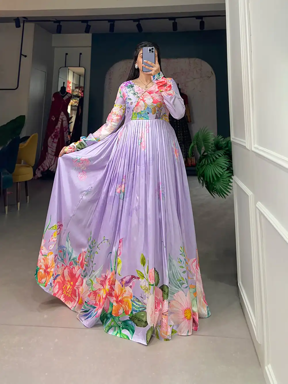 YNF 5018 Purple Color tussah silk Floral Printed Gown Casual, Wedding, Party, Festive, Events Etc. Expected Delivery 4-6 Working Days @1899/- | Bollywood Gowns, Creative Gowns, Designer Gowns, Embroidered Gowns, Gowns, Party Wear Gowns