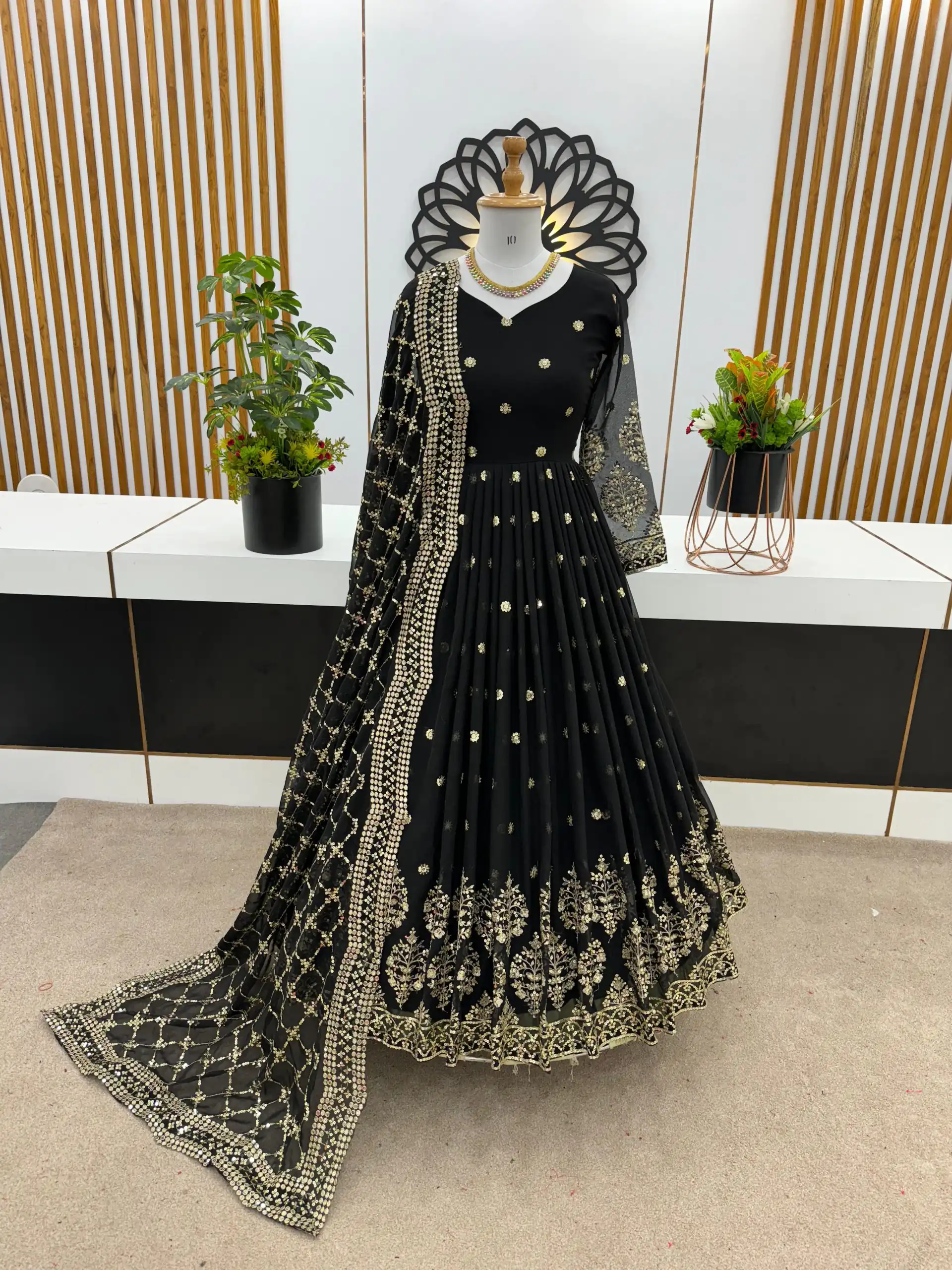 ZF 359 Black Color Georgette Embroidery Sequence Work Gown Casual, Wedding, Party, Festive, Events Etc. Expected Delivery 4-6 Working Days @1999/- | Bollywood Gowns, Creative Gowns, Designer Gowns, Embroidered Gowns, Gowns, Party Wear Gowns