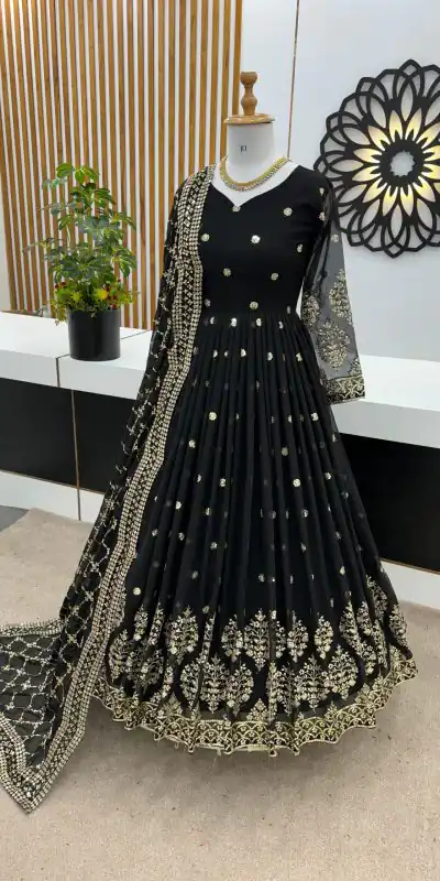 ZF 359 Black Color Georgette Embroidery Sequence Work Gown Casual, Wedding, Party, Festive, Events Etc. Expected Delivery 4-6 Working Days @1999/- | Bollywood Gowns, Creative Gowns, Designer Gowns, Embroidered Gowns, Gowns, Party Wear Gowns