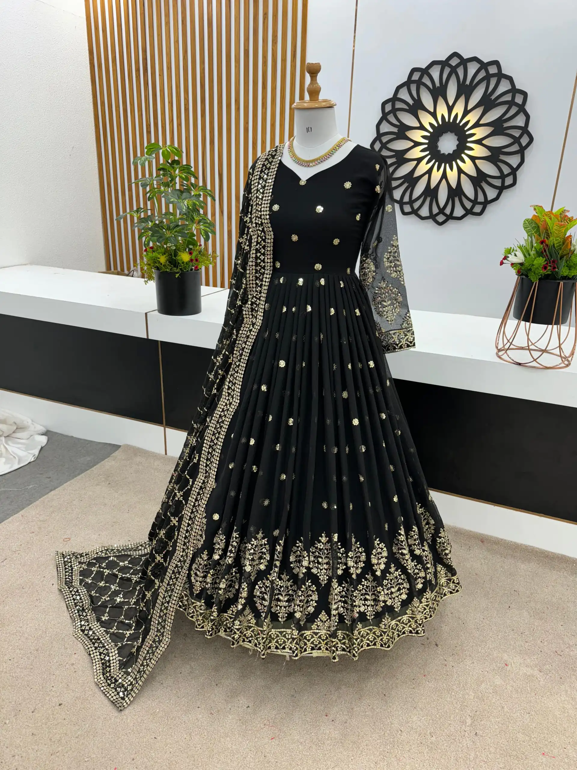 ZF 359 Black Color Georgette Embroidery Sequence Work Gown Casual, Wedding, Party, Festive, Events Etc. Expected Delivery 4-6 Working Days @1999/- | Bollywood Gowns, Creative Gowns, Designer Gowns, Embroidered Gowns, Gowns, Party Wear Gowns
