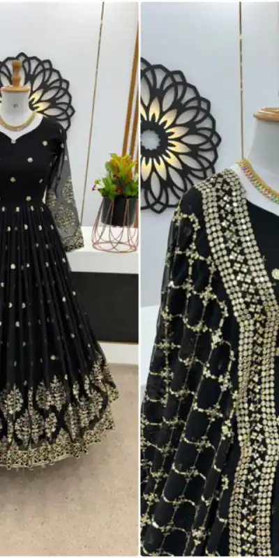 ZF 359 Black Color Georgette Embroidery Sequence Work Gown Casual, Wedding, Party, Festive, Events Etc. Expected Delivery 4-6 Working Days @1999/- | Bollywood Gowns, Creative Gowns, Designer Gowns, Embroidered Gowns, Gowns, Party Wear Gowns