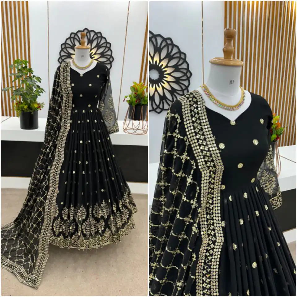 ZF 359 Black Color Georgette Embroidery Sequence Work Gown Casual, Wedding, Party, Festive, Events Etc. Expected Delivery 4-6 Working Days @1999/- | Bollywood Gowns, Creative Gowns, Designer Gowns, Embroidered Gowns, Gowns, Party Wear Gowns