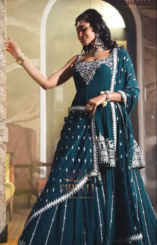 ZF 369 Peacock Green Color Faux Georgette Embroidery Sequence Work Lehenga Wedding, Party, Events Etc. Expected Delivery 4-6 Working Days 2299/- | Bollywood Lehenga, Creative Lehenga, Designer Lehenga, Embroidered Lehenga, Lehenga, Party Wear Lehenga
