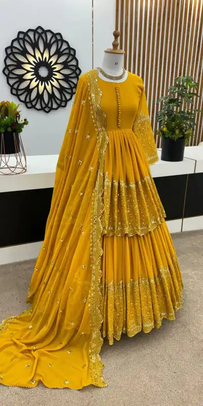 ZF 362 Yellow Faux Georgette With Heavy Embroidery Sequence Work Lehenga Choli Wedding, Party, Events Etc. Expected Delivery 4-6 Working Days 2099/- | Bollywood Lehenga, Creative Lehenga, Designer Lehenga, Embroidered Lehenga, Lehenga, Party Wear Lehenga