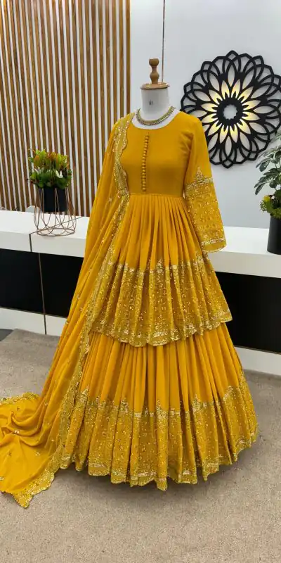 ZF 362 Yellow Faux Georgette With Heavy Embroidery Sequence Work Lehenga Choli Wedding, Party, Events Etc. Expected Delivery 4-6 Working Days 2099/- | Bollywood Lehenga, Creative Lehenga, Designer Lehenga, Embroidered Lehenga, Lehenga, Party Wear Lehenga