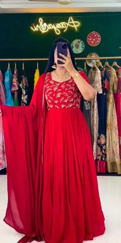 RTC 5669 Red Color Georgette Embroidery Sequence Work Gown Casual, Wedding, Party, Festive, Events Etc. Expected Delivery 4-6 Working Days @1999/- | Bollywood Gowns, Creative Gowns, Designer Gowns, Embroidered Gowns, Gowns, Party Wear Gowns
