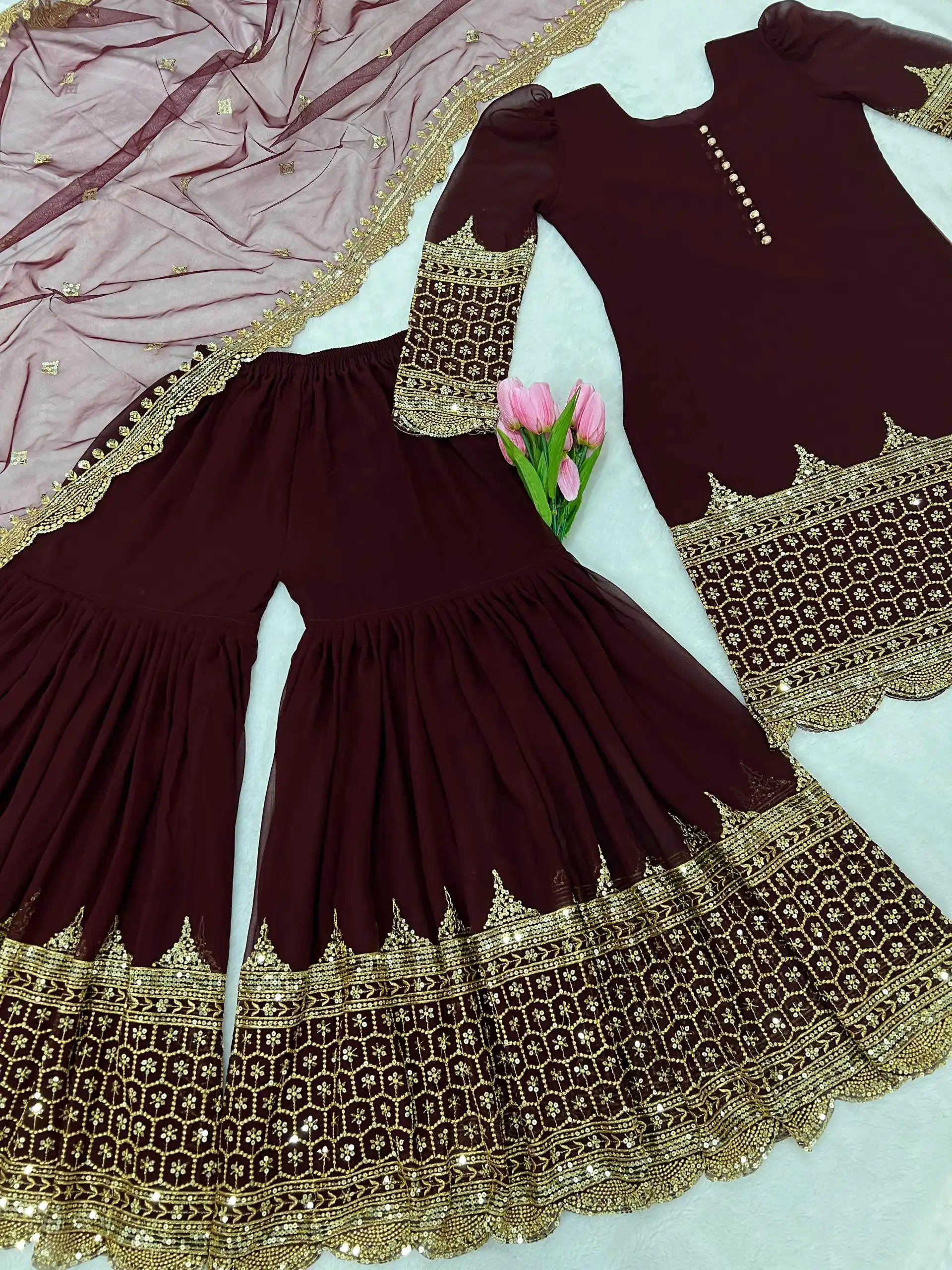 ZF 250 Maroon Color Faux Georgette Embroidery Sequence Work Sharara Suit Wedding, Party, Festive, Events Etc. Expected Delivery 4-6 Working Days @1999/- | Jump Suits, Casual Suits, Creative suits, Designer Suits, Palazzo Suits, Party Wear Suits, Patiala Suits, Salwar suit, Straight Suits