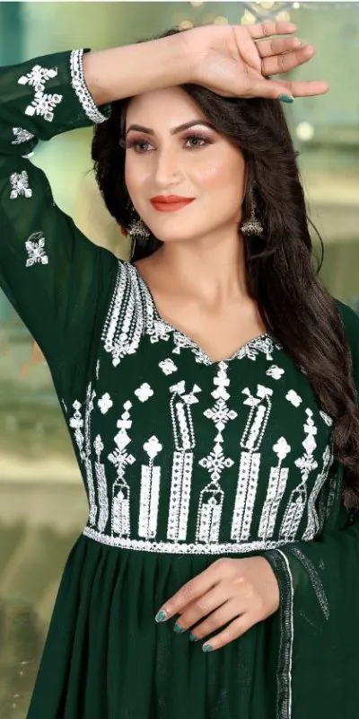 DS 1130 Green color Georgette with Foil Embroidery Stone Work Anarkali Suit Wedding, Festive, Events Etc. Expected Delivery 4-6 Working Days @1999/- | Anarkali Suits, Bollywood Anarkali, Creative-Anarkali, Designer Anarkali, Embroidered Anarkali, Party Wear Anarkali