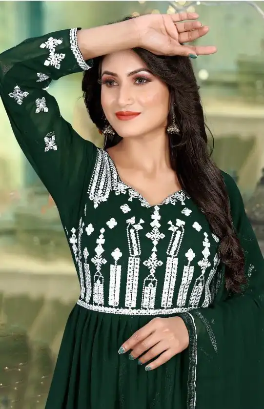 DS 1130 Green color Georgette with Foil Embroidery Stone Work Anarkali Suit Wedding, Festive, Events Etc. Expected Delivery 4-6 Working Days @1999/- | Anarkali Suits, Bollywood Anarkali, Creative-Anarkali, Designer Anarkali, Embroidered Anarkali, Party Wear Anarkali