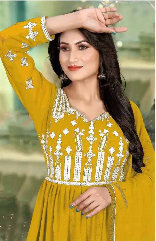 DS 1130 Yellow color Georgette with Foil Embroidery Stone Work Anarkali Suit Wedding, Party, Festive, Events Etc. Expected Delivery 4-6 Working Days @1999/- | Anarkali Suits, Bollywood Anarkali, Creative-Anarkali, Designer Anarkali, Embroidered Anarkali, Party Wear Anarkali