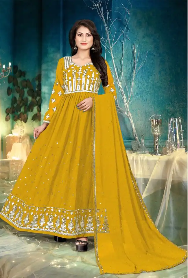 DS 1130 Yellow color Georgette with Foil Embroidery Stone Work Anarkali Suit Wedding, Party, Festive, Events Etc. Expected Delivery 4-6 Working Days @1999/- | Anarkali Suits, Bollywood Anarkali, Creative-Anarkali, Designer Anarkali, Embroidered Anarkali, Party Wear Anarkali