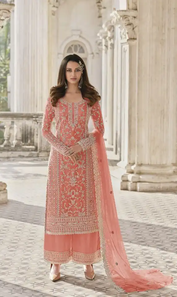 Adorable Orange Color Butterfly Net And Embroidery Work Sharara