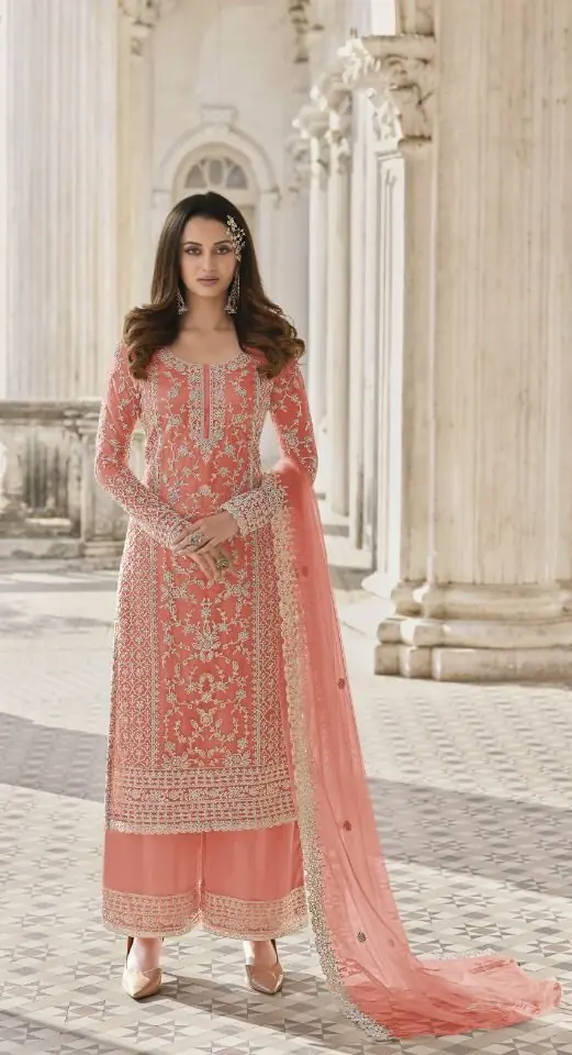 Adorable Pink Color Butterfly Net And Embroidery Work Sharara