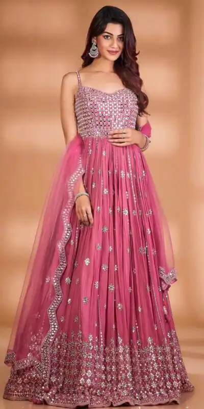 RTC 5416 Pink Gown : Georgette Dupatta : Butterfly Net Work : Embroidery With Heavy Sequence Work Wedding, Party, Festive @1999/- | Bollywood Gowns, Creative Gowns, Designer Gowns, Embroidered Gowns, Gowns, Party Wear Gowns