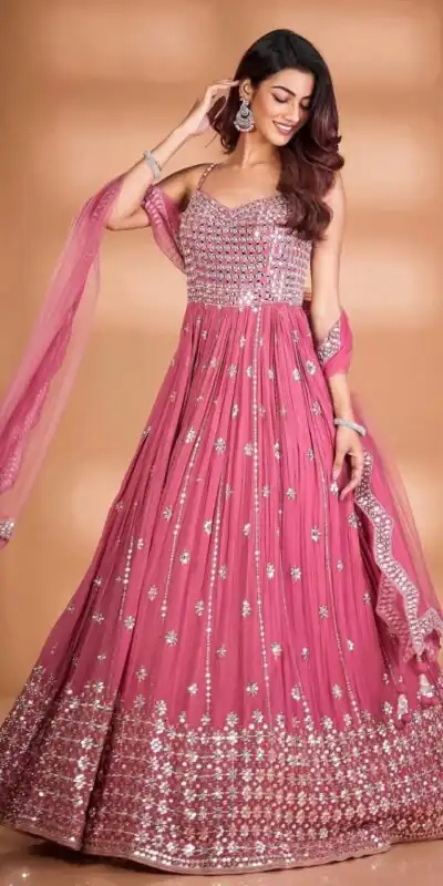RTC 5416 Pink Gown : Georgette Dupatta : Butterfly Net Work : Embroidery With Heavy Sequence Work Wedding, Party, Festive @1999/- | Bollywood Gowns, Creative Gowns, Designer Gowns, Embroidered Gowns, Gowns, Party Wear Gowns
