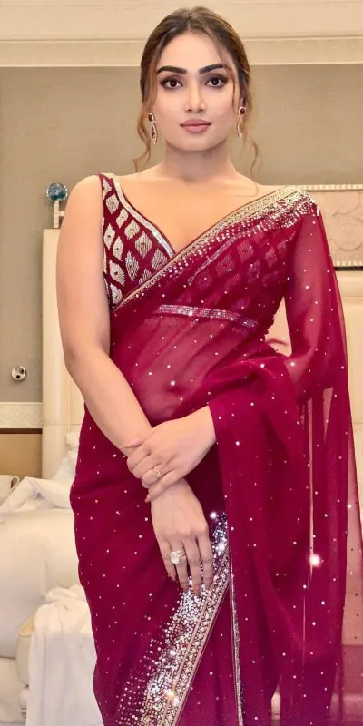 BT 3054 Maroon Saree : Georgette Work : Embroidery Sequence Work, Blouse : Banglory Silk Party Wear, Wedding Wear, Events Etc.@1749/- | Bollywood Sarees, Creative Sarees, Designer Sarees, Ethnic Saree, Modern Digital sarees, Party Wear Sarees, Sarees