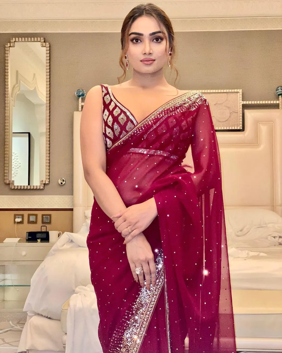 BT 3054 Maroon Saree : Georgette Work : Embroidery Sequence Work, Blouse : Banglory Silk Party Wear, Wedding Wear, Events Etc.@1749/- | Bollywood Sarees, Creative Sarees, Designer Sarees, Ethnic Saree, Modern Digital sarees, Party Wear Sarees, Sarees