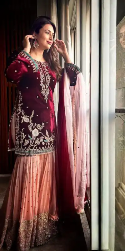 KD 1138 Maroon Top : Heavy Velvet Work : Thread Work Wedding, Party, Festive, Events Etc. Thread Work Sharara @2049 | Casual Suits, Creative suits, Designer Suits, Palazzo Suits, Party Wear Suits, Salwar suit, Straight Suits