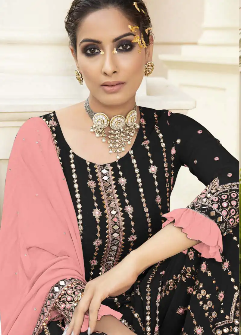 FC 9704 Black Pink Top : Georgette Work : Embroidery Work, Mirror Work Wedding, Festive, Events Black Georgette Embroidered Sharara @2099 | Casual Suits, Creative suits, Designer Suits, Palazzo Suits, Party Wear Suits, Salwar suit, Straight Suits