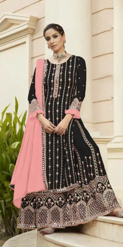 FC 9704 Black Pink Top : Georgette Work : Embroidery Work, Mirror Work Wedding, Festive, Events Black Georgette Embroidered Sharara @2099 | Casual Suits, Creative suits, Designer Suits, Palazzo Suits, Party Wear Suits, Salwar suit, Straight Suits
