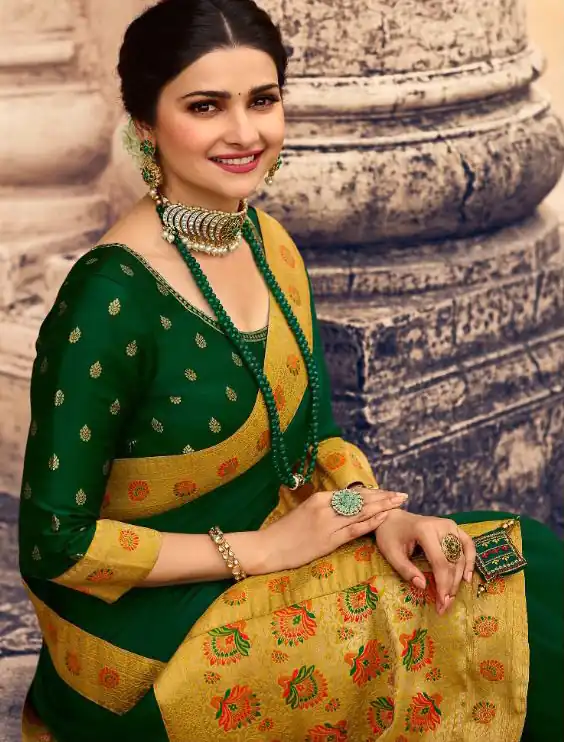 Exemplary Dark Green Saree : Georgette Work : Digital Print With Heavy Embroidered Lace Border Blouse : Banglori Silk Daily, Casual, Festive @1899/- | Bollywood Sarees, Creative Sarees, Designer Sarees, Embroidered Sarees, Ethnic Saree, Modern Digital sarees, Party Wear Sarees, Sarees