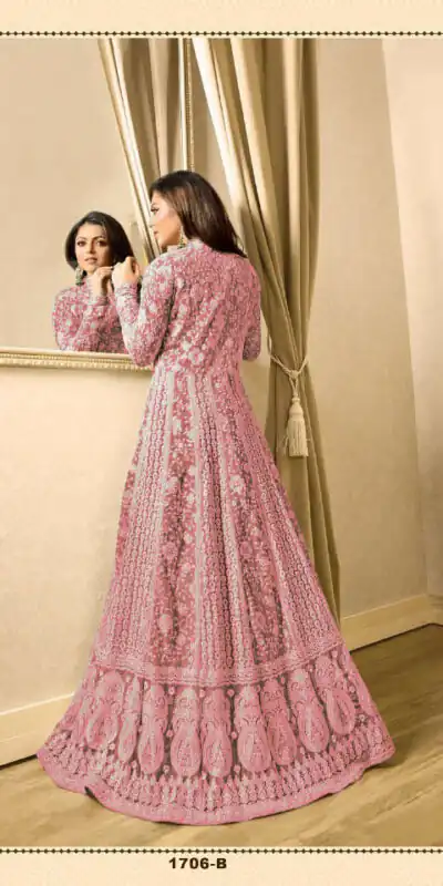 T 1706 PinkColor: PinkFabrics: Top Fabric :Georgette Bottom Fabric : Santoon Dupatta Fabric : NazmeenStitch Type: Semi-Sttiched | Anarkali Suits, Bollywood Anarkali, Creative-Anarkali, Designer Anarkali, Embroidered Anarkali, Party Wear Anarkali
