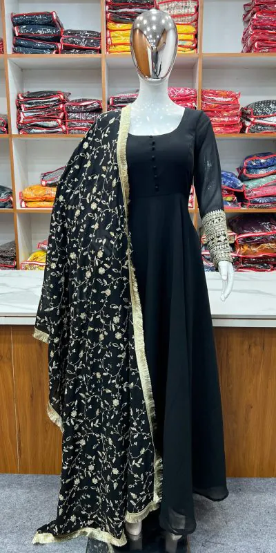 KB 241 Black color Pure Soft Faux Georgette Anarkali Suit Casual, Wedding, Party, Festive, Events Etc. Expected Delivery  4-6 Working Days @2199/- | Anarkali Suits, Bollywood Anarkali, Creative-Anarkali, Designer Anarkali, Embroidered Anarkali, Party Wear Anarkali