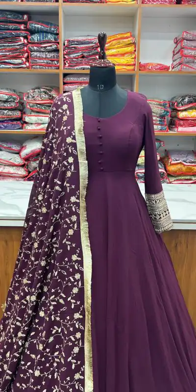 KB 241 Wine color Pure Soft Faux Georgette Anarkali Suit Casual, Wedding, Party, Festive, Events Etc. Expected Delivery  4-6 Working Days @2199/- | Anarkali Suits, Bollywood Anarkali, Creative-Anarkali, Designer Anarkali, Embroidered Anarkali, Party Wear Anarkali