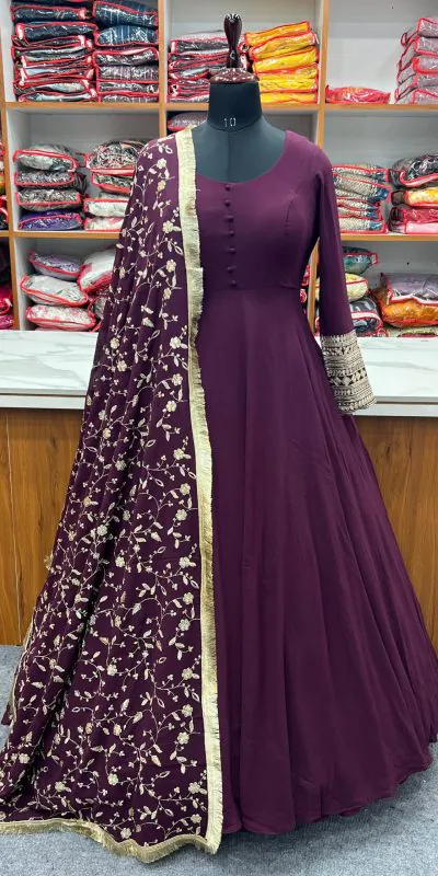 KB 241 Wine color Pure Soft Faux Georgette Anarkali Suit Casual, Wedding, Party, Festive, Events Etc. Expected Delivery  4-6 Working Days @2199/- | Anarkali Suits, Bollywood Anarkali, Creative-Anarkali, Designer Anarkali, Embroidered Anarkali, Party Wear Anarkali